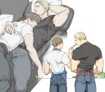  2boys apron back bangs bara belt black_shirt blonde_hair blue_apron brown_hair closed_eyes closed_mouth cooking couch couple eating feeding holding holding_spoon jack_krauser leon_s._kennedy looking_at_another lying lying_on_person male_focus multiple_boys muscular muscular_male on_back on_couch on_person on_stomach pants pillow psmhbpiuczn red_apron resident_evil resident_evil_4 resident_evil_darkside_chronicles shirt short_hair sleeping sleeping_on_person spoon white_background white_shirt yaoi 