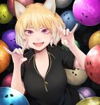  1girl animal_ears ball black_shirt blonde_hair bowling_ball fox_ears fox_girl gradient_hair hands_up highres multicolored_hair open_mouth original purple_eyes shadow shirt short_hair short_sleeves smile solo upper_body yajirushi_(chanoma) 