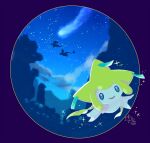  banned_artist border commentary_request flygon grey_eyes jirachi looking_at_viewer night open_mouth outdoors pokemon pokemon_(creature) purple_border salamence silhouette sky smile sparkle star_(sky) tongue yu_(xcapriccioso) 