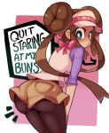  1girl ass ass_focus blush bow breasts bright_pupils brown_hair brown_legwear closed_mouth double_bun english_text floating_hair green_eyes highres kurt_robinson legwear_under_shorts long_hair notice_lines o3o pantyhose pink_bow pokemon pokemon_(game) pokemon_bw2 pout rosa_(pokemon) short_shorts shorts solo symbol-only_commentary twintails visor_cap white_pupils yellow_shorts 