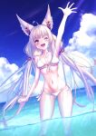  1girl ;d absurdres animal_ears arm_up bikini breasts breasts_apart chest_jewel cloud ear_covers facial_mark hakusai_(hksicabb) highres long_hair low_twintails medium_breasts nia_(blade)_(xenoblade) nia_(xenoblade) ocean one_eye_closed open_mouth side-tie_bikini silver_hair smile spoilers swimsuit thighs twintails very_long_hair water white_bikini xenoblade_chronicles_(series) xenoblade_chronicles_2 