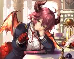  1girl ahoge architecture bangs banner blue_jacket book breast_press breasts center_frills commentary_request dragon_girl dragon_tail frills granblue_fantasy grea_(shingeki_no_bahamut) hand_on_own_cheek hand_on_own_face head_tilt highres holding holding_ribbon horns inkwell jacket large_breasts long_sleeves looking_at_viewer neck_ribbon nos paper pillar pointy_ears quill red_hair red_ribbon ribbon shingeki_no_bahamut shirt short_hair smile solo table tail white_shirt wings yellow_eyes 