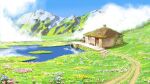  blue_sky chimney chinese_commentary cloud commentary_request door flower grass highres house lake landscape mountain nature no_humans original path plant reflection reflective_water rooftop scenery sky stairs stone_stairs window xingzhi_lv 