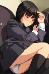  1girl absurdres arm_up ass bangs black_hair black_jacket black_legwear black_skirt blue_bow blush bow closed_eyes eyebrows_visible_through_hair feet_out_of_frame highres jacket long_sleeves looking_at_viewer lying matsunaga_kouyou nose_blush on_side original panties parted_lips pleated_skirt school_uniform shirt skirt socks solo underwear white_panties white_shirt 