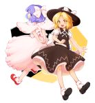  2girls :d arms_behind_head back_bow black_footwear black_headwear black_skirt black_vest blonde_hair bow clenched_hand flat_chest from_behind full_body hair_bow hat hat_ribbon looking_back maguro_(mawaru_sushi) mai_(touhou) mary_janes multiple_girls neck_ribbon open_mouth pink_bow pink_shirt pink_skirt puffy_short_sleeves puffy_sleeves purple_hair red_footwear ribbon shirt shoes short_hair short_sleeves skirt smile socks touhou touhou_(pc-98) vest white_background white_bow white_legwear white_ribbon white_shirt wings yuki_(touhou) 