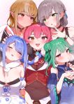  5girls :d absurdres animal_ears bangs bare_shoulders blonde_hair blue_hair blush bodysuit braid breasts choker cleavage dark-skinned_female dark_elf dark_skin detached_collar don-chan_(usada_pekora) double_bun elf eyebrows_visible_through_hair fang green_eyes green_hair grey_hair heterochromia highres hikimayu hololive hololive_fantasy houshou_marine looking_at_viewer multiple_girls navel pointy_ears pomesaurus purple_eyes rabbit_ears red_eyes shiranui_flare shirogane_noel sleeping smile twin_braids uruha_rushia usada_pekora virtual_youtuber watch wristwatch yellow_eyes 