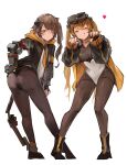  2girls absurdres adapted_costume black_gloves black_jacket black_legwear brown_eyes brown_hair closed_eyes fingerless_gloves girls&#039;_frontline gloves highres jacket jumbowhopper leotard long_hair long_sleeves mechanical_arms mod3_(girls&#039;_frontline) multiple_girls one_eye_closed one_side_up pantyhose scar scar_across_eye single_mechanical_arm twintails ump45_(girls&#039;_frontline) ump9_(girls&#039;_frontline) white_leotard 