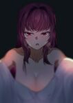  1girl absurdres bangs bare_shoulders black_background blurry blurry_foreground blush breasts cleavage collarbone commentary_request dark dark_background depth_of_field fate/grand_order fate_(series) glowing glowing_eyes heavy_breathing highres hu_tu large_breasts long_hair looking_at_viewer open_mouth purple_hair red_eyes revision scathach_(fate) shiny shiny_skin simple_background upper_body very_long_hair 