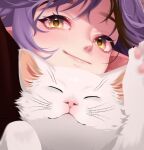  1girl amity_blight blush cat face ghost_(the_owl_house) heart heart-shaped_pupils looking_at_viewer pointy_ears purple_hair smile solo symbol-shaped_pupils the_owl_house tsuruyi1 white_cat yellow_eyes 
