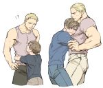  !? 2boys age_difference bangs bara blonde_hair brown_hair child closed_eyes closed_mouth couple hug jack_krauser leon_s._kennedy looking_at_another male_focus multiple_boys muscular muscular_male pants psmhbpiuczn resident_evil resident_evil_4 resident_evil_darkside_chronicles shirt short_hair smile tank_top white_background yaoi 
