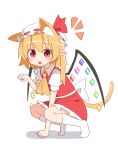  1girl animal_ears ascot back_bow blonde_hair bow cat_ears cat_tail commentary crystal flandre_scarlet frills hat highres looking_at_viewer mob_cap nihohohi no_shoes orange_ascot paw_pose pointy_ears puffy_short_sleeves puffy_sleeves red_eyes red_skirt red_vest ribbon shirt short_hair short_sleeves side_ponytail simple_background skirt skirt_set socks tail touhou vest white_background white_legwear white_shirt wings 