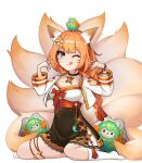  1girl ;) animal_ears bails breasts collar eight-tailed_fox_nari eyebrows_visible_through_hair fox_ears fox_girl fox_tail grey_eyes guardian_tales hair_ornament korean_clothes long_hair looking_at_viewer mayreel_(guardian_tales) medium_breasts multiple_tails one_eye_closed orange_hair sitting smile solo tail white_background 