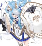 +_+ 1girl absurdres animal_ears azur_lane blue_eyes blue_hair dress fake_animal_ears highres holding holding_polearm holding_shield holding_weapon iris_libre_(emblem) kesseil long_hair looking_at_viewer maille-breze_(azur_lane) multicolored_hair one_eye_covered polearm shield solo spear thighhighs turret wavy_hair weapon white_dress 