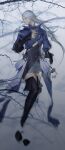  1girl absurdres black_footwear blue_coat blurry boots branch brooch closed_eyes coat elezen elf final_fantasy final_fantasy_xiv full_body grey_lips grey_skirt hand_on_own_chest hand_up highres jewelry long_hair lying on_back pointy_ears shuangbatian silver_hair skirt snow solo thigh_boots thighhighs winter ysayle_dangoulain 