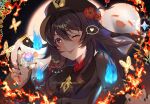  +_+ 1girl bangs black_nails blue_fire brown_hair brown_headwear brown_shirt bug butterfly fire gem genshin_impact ghost hair_between_eyes heart hu_tao_(genshin_impact) long_hair long_sleeves looking_at_viewer moon night night_sky one_eye_closed orange_butterfly red_eyes shirt sky solo spoken_heart tongue tongue_out twintails yangyii1606_(user_mazh5327) yellow_butterfly 