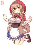  1girl artist_logo bag blue_skirt braid breasts cloud_hair_ornament commentary_request cosplay cowboy_shot dated frilled_shirt frilled_skirt frills gradient_hair kanon_(kurogane_knights) kantai_collection large_breasts light_brown_hair little_red_riding_hood little_red_riding_hood_(grimm) little_red_riding_hood_(grimm)_(cosplay) long_hair looking_at_viewer minegumo_(kancolle) multicolored_hair one-hour_drawing_challenge red_eyes red_hood shirt simple_background skirt solo twin_braids white_background 