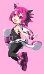  1girl black_footwear black_legwear black_shirt blush disgaea full_body highres horns iwashi_dorobou_-r- looking_at_viewer makai_senki_disgaea_3 pantyhose pink_background pink_eyes pink_hair pointy_ears raspberyl sailor_collar school_uniform serafuku shirt shoes short_hair skirt slit_pupils solo tail white_sailor_collar white_skirt wings 