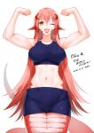  1girl abs bare_shoulders biceps collarbone commission commissioner_upload dated flexing forked_tongue hair_between_eyes hair_ornament highres lamia long_hair midriff miia_(monster_musume) miniskirt monster_girl monster_musume_no_iru_nichijou muscular muscular_female navel one_eye_closed pointy_ears pose red_hair scales shiny shiny_skin sidelocks skeb_commission skirt slit_pupils solo sports_bra sportswear tongue tongue_out waka_(shark_waka) white_background yellow_eyes 