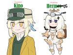  2girls alternate_costume asymmetrical_legwear backpack bag black_scarf blonde_hair brown_coat character_name coat collared_shirt commentary cosplay dress english_commentary genshin_impact goggles goggles_on_headwear hair_ornament hat hermes_(kino_no_tabi) hermes_(kino_no_tabi)_(cosplay) highres keita_naruzawa kino_(kino_no_tabi) kino_(kino_no_tabi)_(cosplay) kino_no_tabi lumine_(genshin_impact) mismatched_legwear multiple_girls paimon_(genshin_impact) purple_eyes scarf shirt white_background white_dress white_hair white_legwear yellow_eyes 