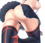  1girl absurdres ass ass_focus black_legwear black_skirt blurry boots breasts commentary depth_of_field from_below hakua_(hka_art) high_heel_boots high_heels highres kill_la_kill lower_body matoi_ryuuko miniskirt pleated_skirt revealing_clothes senketsu sideboob signature simple_background skirt solo standing standing_on_one_leg suspender_skirt suspenders thigh_boots thighhighs thighs thong white_background 