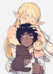  1boy 1girl 3: bangs bare_shoulders black_hair blue_eyes cake closed_eyes commentary_request covered_mouth dark-skinned_male dark_skin doll dungeon_meshi elf facing_viewer food fork grey_background half_updo hand_in_another&#039;s_hair hand_on_another&#039;s_head highres holding holding_weapon hug hug_from_behind kabru long_sleeves looking_at_another milsiril_(dungeon_meshi) motherly pointy_ears puppet scar scar_on_arm senpuuki_(lince0713) short_hair simple_background sleeveless stuffed_animal stuffed_toy sweatdrop teddy_bear upper_body weapon younger 