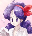  1girl ? bangs bow collared_shirt dragon_ball dragon_ball_(classic) hair_bow highres ishiyuki00 long_hair long_sleeves lunch_(dragon_ball) purple_eyes purple_hair red_bow shirt simple_background sleeves_past_fingers sleeves_past_wrists solo upper_body white_shirt 