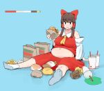  1girl :t alternate_eye_color bad_id bad_twitter_id bangs belly black_eyes blue_background bow breasts brown_hair burger closed_mouth commentary cookie_(touhou) cup detached_sleeves disposable_cup eating english_commentary eyebrows_visible_through_hair fast_food fat food food_on_face french_fries full_body hair_bow hair_tubes hakurei_reimu holding holding_food large_breasts looking_at_viewer navel necktie ohasi red_bow red_shirt red_skirt reu_(cookie) shirt short_hair_with_long_locks sidelocks sitting skirt sleeveless sleeveless_shirt solo tabi takeout_container touhou wavy_mouth white_legwear white_sleeves yellow_necktie 