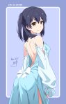  1girl bare_back bare_shoulders black_hair blue_dress breasts closed_mouth commentary_request dated dress eyebrows_visible_through_hair from_behind highres long_hair long_sleeves looking_at_viewer medium_breasts nii_manabu original short_hair side_ponytail signature smile solo yellow_eyes 
