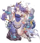  1girl :o air_bubble another_eden arm_wrap armlet breasts bubble caustics cleavage column fish full_body gradient_hair highres holding holding_weapon horns large_breasts leg_wrap long_hair looking_at_viewer multicolored_hair pillar purple_hair seaweed tadamori_(morimoriminamo1) underwater weapon yellow_eyes 
