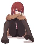 1girl arms_on_knees bangs black_legwear black_shorts blue_eyes blush breasts brown_jacket commentary_request crossed_arms embarrassed eyebrows_visible_through_hair foreshortening hair_between_eyes highres jacket kahlua_(artist) knees_together_feet_apart legs legwear_under_shorts long_hair looking_at_viewer makise_kurisu necktie no_shoes pantyhose red_necktie shadow shiny shiny_hair shirt shorts sidelocks simple_background sitting solo spread_toes steins;gate sweatdrop thighs toes white_background white_shirt 
