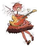  1girl :d animal_ears bird_ears bird_wings brown_footwear brown_headwear brown_legwear brown_skirt brown_vest collared_shirt frilled_skirt frilled_sleeves frills full_body guitar holding holding_instrument instrument juliet_sleeves long_sleeves looking_at_viewer maguro_(mawaru_sushi) mary_janes mystia_lorelei open_mouth pantyhose pink_hair puffy_sleeves red_eyes shirt shoes short_hair skirt skirt_set smile solo touhou vest white_background white_shirt winged_footwear winged_hat wings 
