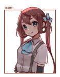  1girl arm_warmers asagumo_(kancolle) bangs blue_bow blue_eyes blue_neckwear bow breasts brown_hair closed_mouth collared_shirt commentary_request dress_shirt eyebrows_behind_hair hair_between_eyes hair_bow hair_rings happy_birthday kantai_collection long_hair looking_at_viewer nuno_(pppompon) shirt short_sleeves small_breasts smile solo thick_eyebrows upper_body very_long_hair white_background white_shirt 