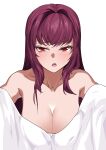  1girl absurdres bangs bare_shoulders blush breasts cleavage collarbone commentary_request fate/grand_order fate_(series) highres hu_tu large_breasts long_hair looking_at_viewer open_mouth purple_hair red_eyes revision scathach_(fate) shiny shiny_skin simple_background upper_body very_long_hair white_background 