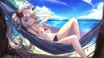  1girl absurdres animal_ears azur_lane bare_arms bare_legs bare_shoulders beach bikini black_bow blue_eyes bow breasts cat_ears cloud collarbone commission day english_commentary flower frilled_bikini frills hair_bow hair_flower hair_ornament hammann_(azur_lane) hammann_(rebellious_summer)_(azur_lane) hammock highres lemontea_(ekvr5838) looking_at_viewer lying medium_hair navel ocean on_back one_eye_closed open_mouth outdoors rose rubbing_eyes sand shadow silver_hair small_breasts solo stomach sunlight swimsuit tree twintails waking_up water 