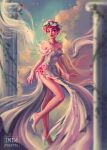  1girl absurdres artist_name blurry blurry_foreground cloud colored_skin dress english_commentary freckles full_body head_wreath high_heels highres indicreates lore_olympus outdoors persephone_(lore_olympus) pink_eyes pink_hair pink_skin short_hair solo white_dress 