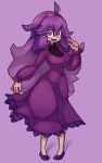  1girl @_@ ahoge bangs breasts commentary dress full_body hair_between_eyes hairband hand_up hex_maniac_(pokemon) highres kurt_robinson long_hair long_sleeves looking_at_viewer messy_hair open_mouth pigeon-toed pokemon pokemon_(game) pokemon_xy purple_dress purple_eyes purple_footwear purple_hair purple_hairband shoes smile solo standing tongue 