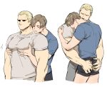  2boys ass ass_grab bangs bara blonde_hair brown_hair closed_eyes couple dolphin_shorts grabbing grabbing_another&#039;s_ass grabbing_from_behind groping hug jack_krauser large_pectorals leon_s._kennedy looking_at_another male_focus multiple_boys muscular muscular_male pectoral_grab pectorals psmhbpiuczn resident_evil resident_evil_4 resident_evil_darkside_chronicles shirt short_hair shorts white_background yaoi 