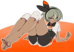  1girl ass bangs barefoot bea_(pokemon) dark-skinned_female dark_skin dorsiflexion eyebrows_behind_hair feet grey_hair hair_between_eyes hair_ribbon legs looking_at_viewer lying pokemon pokemon_(game) pokemon_swsh ribbon shirt short_hair shorts solo soraname toes 