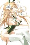  1girl absurdres animal_ears blonde_hair breasts cleavage crossed_legs dungeon_and_fighter elven_knight_(dungeon_and_fighter) flower from_side garter_straps green_eyes green_leotard hair_flower hair_ornament highleg highleg_leotard highres kirari_(kira_rin9) knight_(dungeon_and_fighter) large_breasts leaning_forward leotard playboy_bunny pointy_ears rabbit_ears rabbit_tail sitting sleeve_cuffs solo tail thighhighs white_legwear 