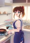  1girl apron backlighting bangs blue_apron blue_eyes blue_shorts blurry blurry_background bow brown_hair commentary cooking cowboy_shot depth_of_field eyebrows_visible_through_hair from_side hair_bow holding holding_ladle idolmaster idolmaster_million_live! indoors kamille_(vcx68) kitchen ladle looking_at_viewer looking_back medium_hair open_mouth plate ponytail red_bow satake_minako shirt short_shorts shorts sidelocks skillet smile solo standing stove t-shirt white_shirt window 