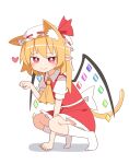  1girl animal_ears ascot back_bow blonde_hair bow cat_ears cat_tail commentary crystal flandre_scarlet frills hat heart highres looking_at_viewer mob_cap nihohohi no_shoes orange_ascot paw_pose pointy_ears puffy_short_sleeves puffy_sleeves red_eyes red_skirt red_vest ribbon shirt short_hair short_sleeves side_ponytail simple_background skirt skirt_set socks tail touhou vest white_background white_legwear white_shirt wings 