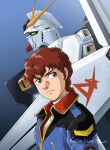  1boy amuro_ray birthday blue_eyes brown_hair char&#039;s_counterattack commentary_request curly_hair fin_funnels green_eyes gundam highres looking_at_viewer mecha mobile_suit nu_gundam shield short_hair signature tokita_kouichi uniform v-fin 