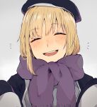  1girl ^_^ blonde_hair blush closed_eyes commentary_request dungeon_meshi enpera facing_viewer falin_thorden grey_background happy hat head_tilt laughing purple_scarf scarf senpuuki_(lince0713) short_hair simple_background solo upper_body 