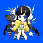  1girl asymmetrical_footwear bangs bike_shorts black_hair blue_background blue_eyes blunt_bangs chibi closed_mouth commentary_request elesa_(pokemon) full_body fur_jacket headphones highres jacket kamota_(momokomati) knees long_sleeves looking_at_viewer open_clothes open_jacket pokemon pokemon_(creature) pokemon_(game) pokemon_bw2 shoes short_hair_with_long_locks sidelocks simple_background standing yellow_jacket zebstrika 