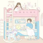  2girls absurdres bangs bed black_hair blue_ribbon bunk_bed cup dress flower hair_ribbon highres ladder little_twin_stars long_hair long_sleeves merchandise multiple_girls nightgown original pillow pink_ribbon ribbon rocking_horse shelf short_hair slippers teacup teapot white_dress wide_shot yoshimon 