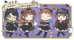  4girls ahoge black_dress black_eyes black_hair black_hairband black_legwear brown_hair cake closed_eyes cup double_bun dress fake_horns flipped_hair food full_body ghost green-framed_eyewear grin hair_ornament hairband hairclip halloween happy_halloween haruna_(kancolle) hato_(hatoooootah) hiei_(kancolle) horns jack-o&#039;-lantern kantai_collection kirishima_(kancolle) kongou_(kancolle) long_hair macaron multiple_girls purple_eyes short_hair smile teacup thighhighs 