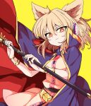  1girl blonde_hair blue_cape blue_sailor_collar bracelet breasts cape closed_mouth cowboy_shot eyebrows_visible_through_hair gold holding holding_sword holding_weapon jewelry looking_at_viewer maguro_(mawaru_sushi) medium_hair orange_eyes pink_shirt pink_skirt pointy_hair sailor_collar scabbard sheath shirt skirt sleeveless sleeveless_shirt small_breasts solo sword touhou toyosatomimi_no_miko weapon yellow_background 