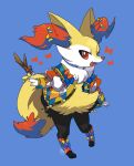  :d blue_background braixen clothed_pokemon commentary_request fang furry highres jacket kamota_(momokomati) long_sleeves open_clothes open_jacket open_mouth orange_eyes pokemon pokemon_(creature) simple_background smile solo stick tongue white_fur zipper 