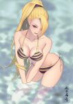  1girl absurdres beach bikini blonde_hair breasts cleavage green_eyes hair_over_one_eye highres large_breasts leaning_forward licking_lips long_hair looking_at_viewer naruto_(series) naruto_shippuuden naughty_face ocean outdoors partially_submerged ponytail side-tie_bikini solo string_bikini striped striped_bikini swimsuit tongue tongue_out water xiumu_bianzhou yamanaka_ino 
