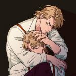  2boys blonde_hair clone closed_eyes dio_brando hand_in_another&#039;s_hair hand_on_another&#039;s_head highres hug hug_from_behind jojo_no_kimyou_na_bouken looking_at_viewer multiple_boys short_hair sleeves_rolled_up suspenders yellow_eyes yonchi 